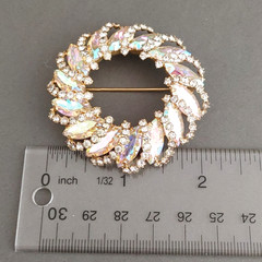 Vintage Gold Tone Rhinestones AB Brooch Pin Clip On Earrings Set Wreath Flowers