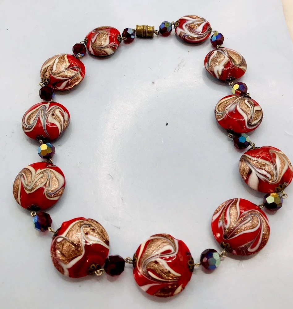 Vtg Venetian Murano Red Art Glass w.Aventurine Beads Necklace 17 In
