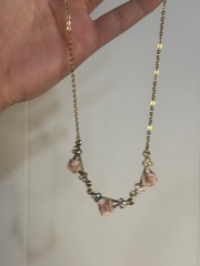 VTG Gold Tone Necklace Pink Rose Beads & Rhinestones Romantic Floral Jewelry 8″
