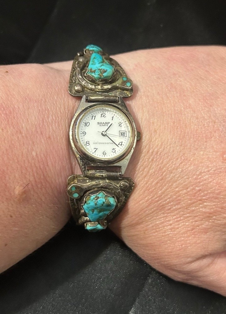 Effie Calavaza Zuni Signed Turquoise Snake Watch Vintage Native American Jewelry