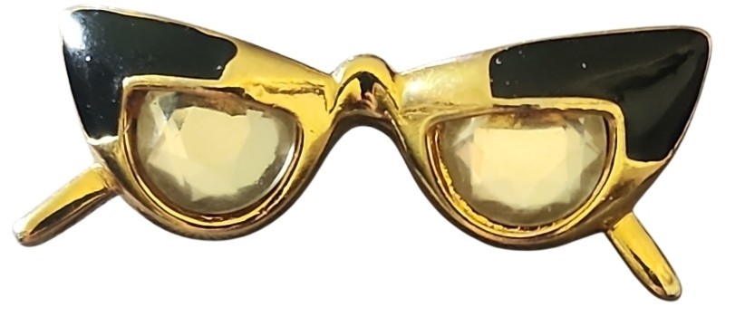 VTG 1950s Clear Rhinestone Gold Tone Enamel Cat Eye Glasses Brooch Pin