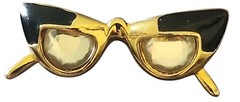 VTG 1950s Clear Rhinestone Gold Tone Enamel Cat Eye Glasses Brooch Pin
