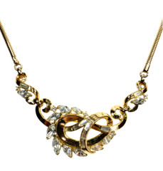 Vintage 1950 Signed Trifari Knotted Rhinestone Gold Trifarium Necklace
