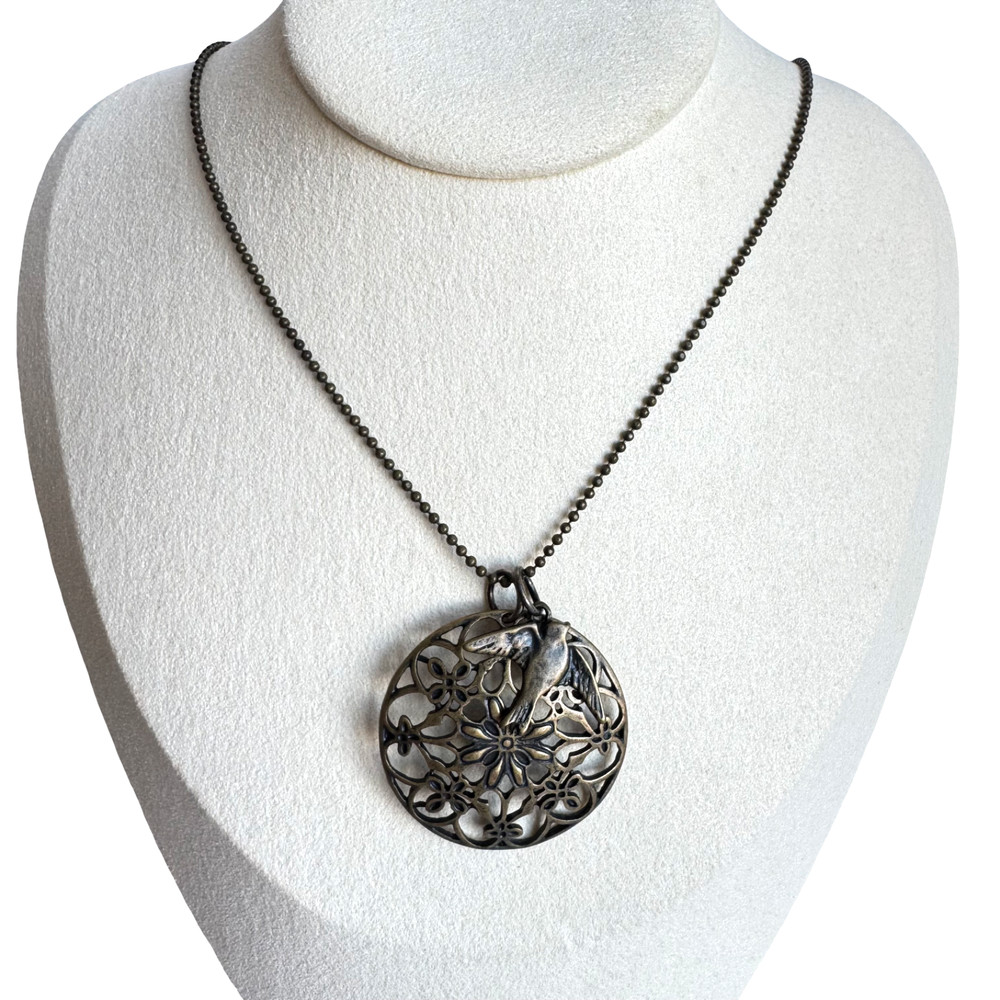 Vintage Copper Bird Necklace Floral Filigree Pendant Ball Chain Boho Statement
