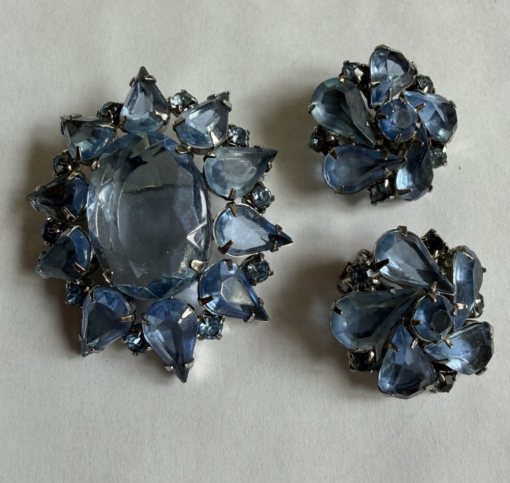 Vintage Blue Rhinestone Brooch and Clip-On Earrings Set