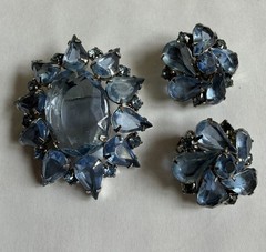 Vintage Blue Rhinestone Brooch and Clip-On Earrings Set