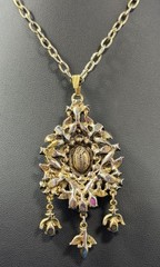 Vintage 60s Hollycraft Ornate Rhinestone Necklace Pendant Yellow Brown Gold Tone