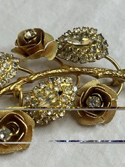 Vintage Flower Brooch with Rhinestone Leaves