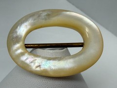 Antique Victorian Era Brass Oval Mother Of Pearl Shell Buckle or Scarf Slide