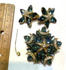 FOR REPAIR Rhinestone Jewelry Set Earrings Brooch Star Burst Estate Glam