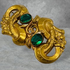 Vintage Art Deco Green Glass Octagon Cut Gold Tone Pinchbeck Pin Large 3″ Brooch