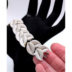 Vintage Kramer of New York White Enamel Leaf Bracelet Silver Tone Mid Century