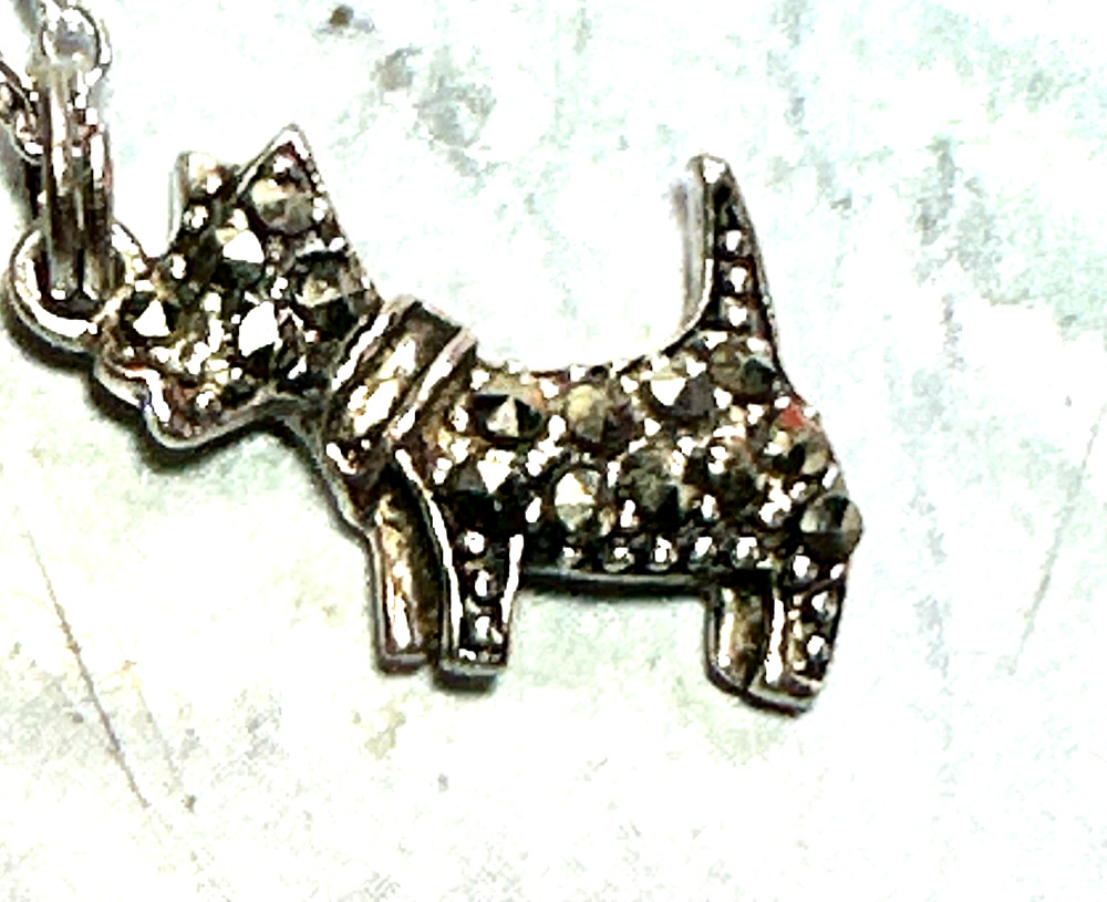 Vintage Sterling Silver Marcasite Scottie Dog Pendant Necklace, 18.5″, Dainty