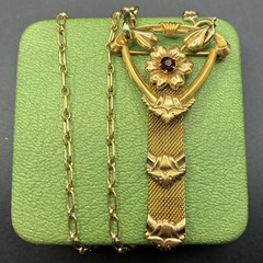 Vintage 12k Gold Filled Pocket Watch Chain Mesh Necklace FOB, Dog Clip, Red Gem
