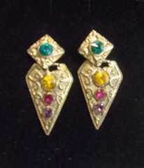 Egyptian Revival Acrylic Cabochons Genuine Crystals Gold Plated Pierced Earrings