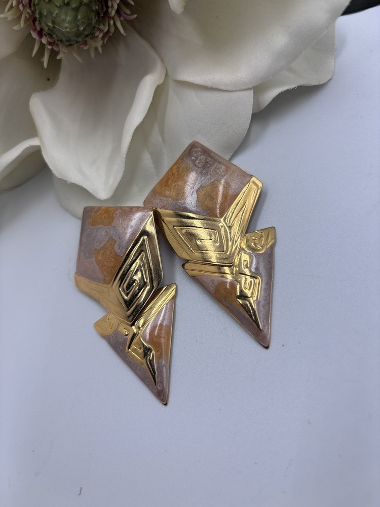 VTG Signed Edgar Berebi 1980s Modern Enamel Geometric Earrings Art Deco Revival