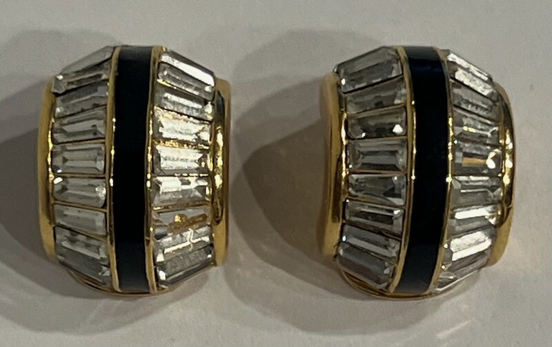 Elegant Cristian Dior Clip On Earrings w Enamel & Tapered Baguette Rhinestones