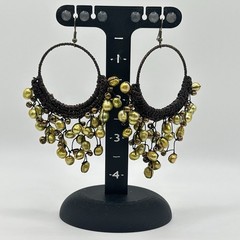 Pearl Dangle Hoop Earrings Bohemian Style 4″ Drop Pierced Artisan
