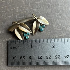 Modern Minimalist Pin Broach Leaves w Berries Silvertone Aquamarine Rhinestones