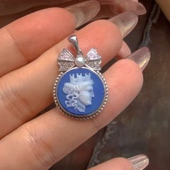 925 sterling silver Blue Agate Cameo vintage jewelry Pendant estate jewelry