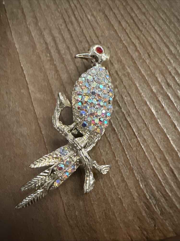 Vintage Sparkling AB Aurora Borealis Rhinestones Bird Brooch/Pin Goldtoned