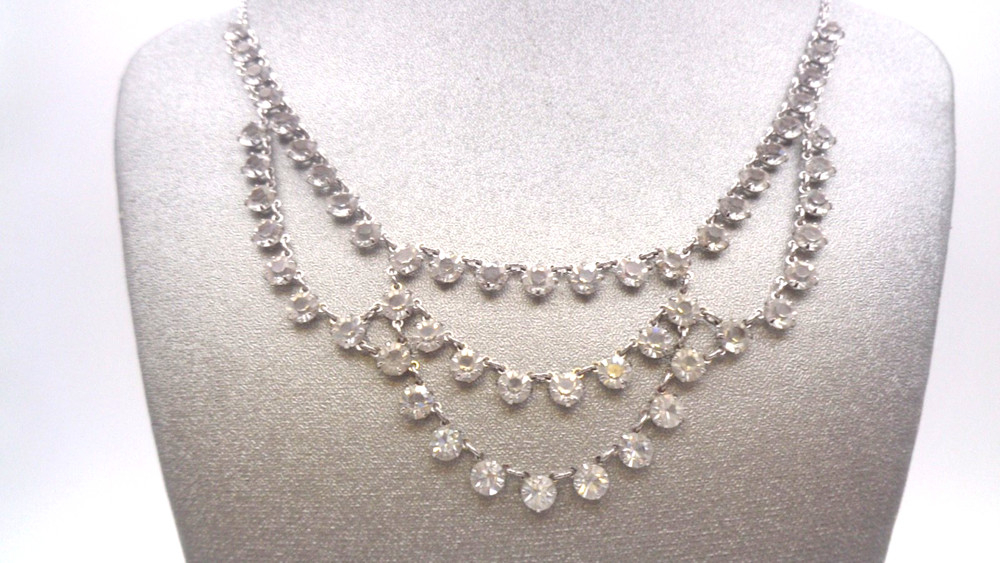Vintage White Gold Filled Clear Crystal Open Back Prong Set Festoon Necklace