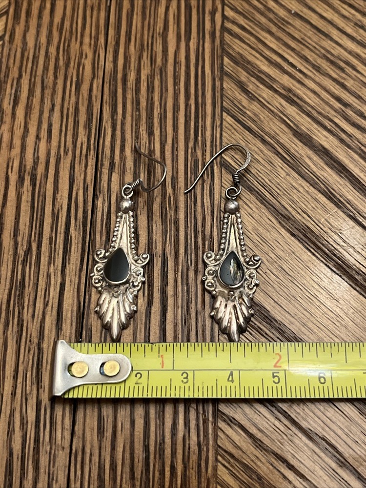 Gothic Revival Sterling Silver & Onyx Dangle Earring Pair Estate FREE SHIPPING