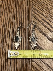 Gothic Revival Sterling Silver & Onyx Dangle Earring Pair Estate FREE SHIPPING