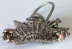 Unusual Ornate Silver-tone Vintage Harvest Veggie & Fruit Basket Brooch
