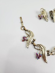 Vintage Judy Lee Signed Gold Tone Rhinestone Bracelet And Clip On Earrings Leaf