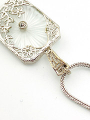 Vintage Camphor Glass Genuine Diamond Pendant Necklace Rhodium Plated Floral