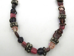 VTG UNUSUAL 20″ HEAVY BEAD necklace pink purple shade gray silver tone metal