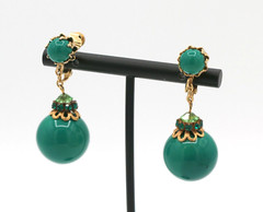 Vintage Vendome Signed Green Ball & Rhinestones Dangle Drop Clip On Earrings