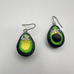 Vintage 90s Avocado Googly Eye Dangle Earrings Green Polymer Clay Fun Fashion