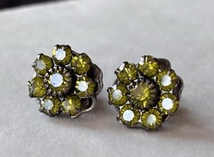 vintage olive green rhinestone cluster stud earrings for pierced ears