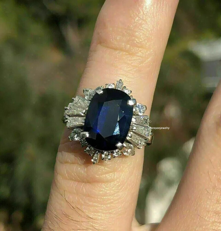 Edwardian 3.50Ct Oval Cut Blue Sapphire CZ Halo Women Ring 14K White Gold Finish