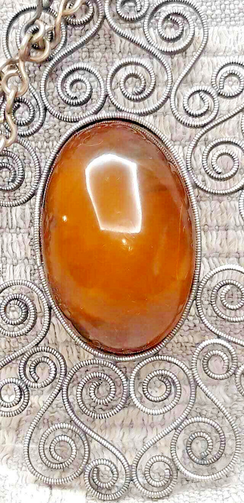 Vintage Art Deco Latvia Filigree Amber Pendant Necklace 60’s