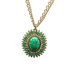 Vintage Gold-Tone Sunburst Pendant Necklace with Green Marbled Cabochon &…
