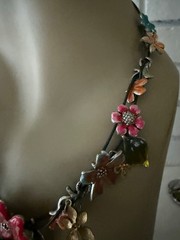 ESTATE LEATHER CORD MULTI COLOR ENAMEL FLOWERS CHARM NECKLACE SILVER TONE SIGNED