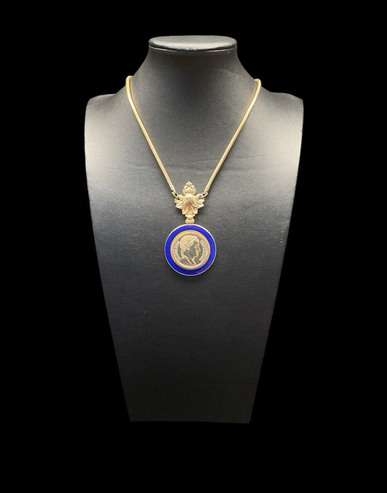 Vintage Napoleon Coin Pendant Necklace Blue Enamel Gold Tone Snake Chain 17.75”