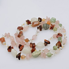 Vintage Beggars Bead Necklace Semi Precious Gemstones 31″ Pink Green Clear