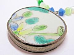 Vintage Silver Tone Glass Bead Necklace Floral Boho Retro Green Mod #J