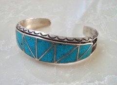Heavy Inlay Channel Set TURQUOISE ZUNI Stamped STERLING Silver Overlay BRACELET