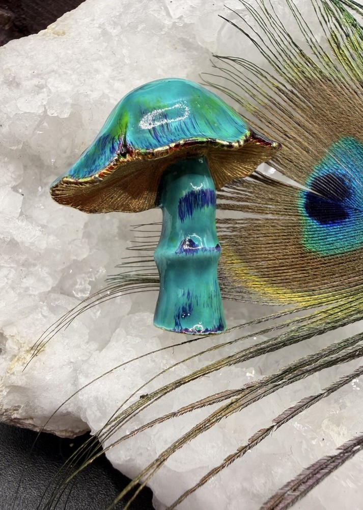 Vintage Enamel Mushroom Brooch Teal Blue Gold Tone Toadstool Pin Cottagecore