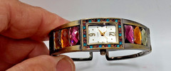 “Vintage” Quartz Spring, Ladies Gold Tone Jeweled Cuff Bracelet Analog Watch.