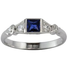 Square Sapphire & Lab Created Diamond 925 Silver Ring Romantic Heart Motif