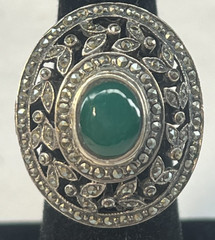 Vintage Sterling Silver Marcasite Green Chalcedony Large Filigree Dome Ring Sz 6