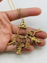 Vintage Signed Monet Gold Tone Charm Holder Heart Key Christmas 16” Necklace