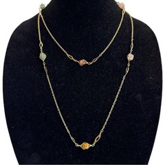 Vintage Gold Tone Wire Caged Gemstone Station Necklace 50″ Long MCM Jewelry