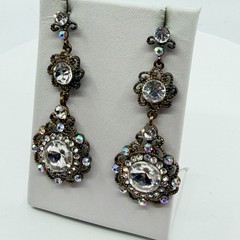 Vintage Gold Tone Filigree Dangle Earrings with AB Crystal Chandelier